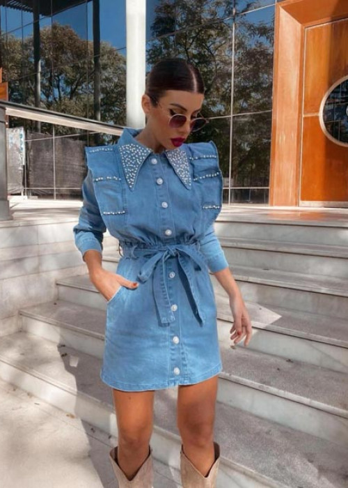 İthal Model Taşlı Denim Elbise