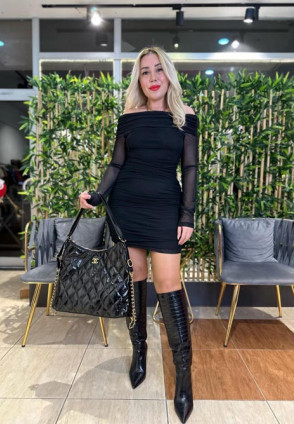 Siyah Carmen Yaka Şifon Elbise