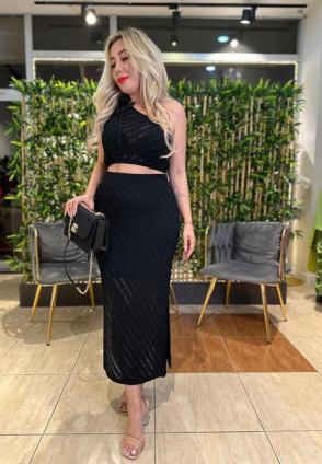 Gül Detay Simli Kumaş Örme Takım