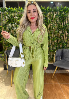 Olive Krinkıl Pantolonlu Takım