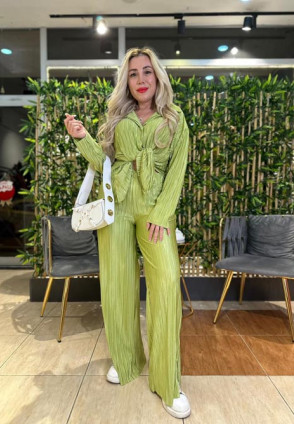 Olive Krinkıl Pantolonlu Takım