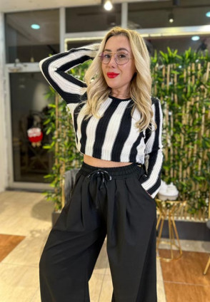 Siyah Beyaz Çizgili Örme Bluz