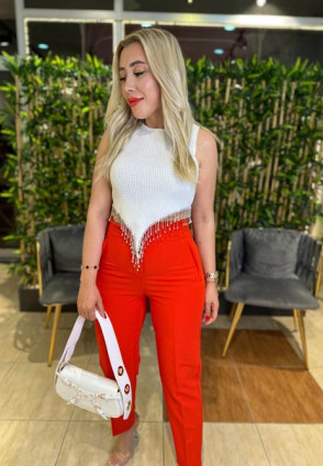 Beyaz Taşlı Crop Bluz