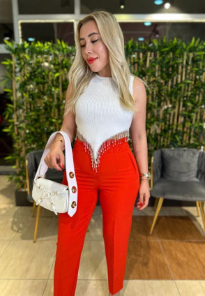 Beyaz Taşlı Crop Bluz