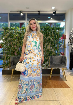 Halter Yaka Maksi Etnik Desen Elbise