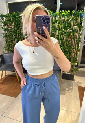 Ekru Kayık Yaka Crop Bluz