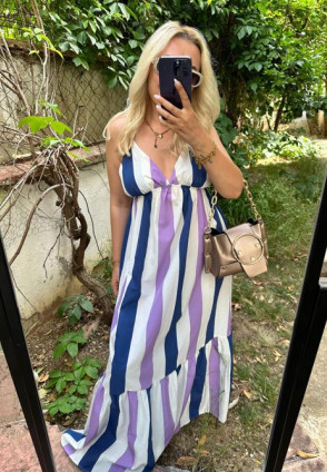 Valeria Lacivert Çizgili Maksi Elbise