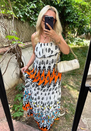 Zoa Turuncu Etnik Desen Maksi Elbise