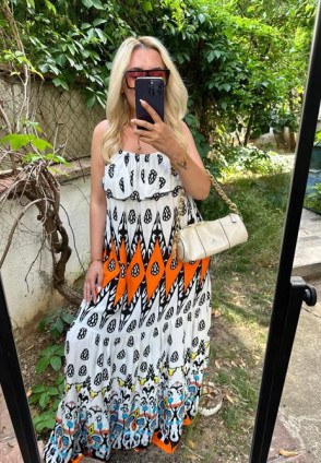 Zoa Turuncu Etnik Desen Maksi Elbise