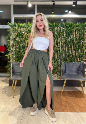 Haki Yırtmaçlı Pantolon