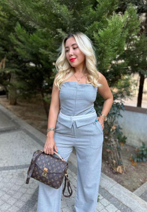 Tasarım Gri Çizgili Pantolonlu Takım