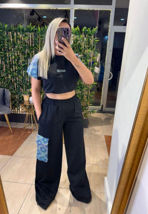 Tasarım Siyah Denim Detay Spor Takım