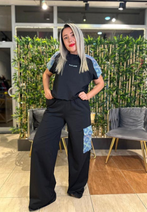 Tasarım Siyah Denim Detay Spor Takım