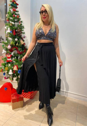 Pilili Düğmeli Midi Etek