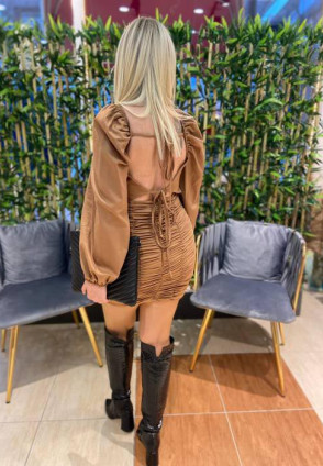 Sırt Dekolteli Drape Elbise Kahve