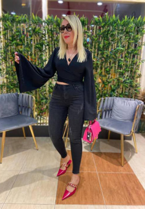 Siyah Yıkamlı Likralı Jean