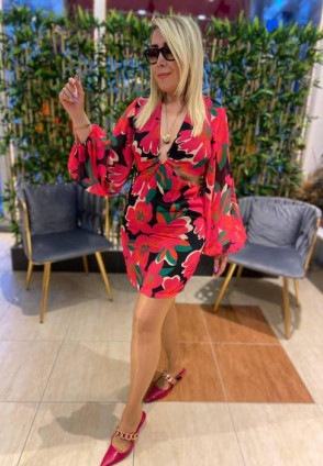 Şifon Çiçek Desenli Pembe Elbise