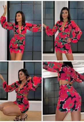 Şifon Çiçek Desenli Pembe Elbise