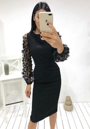 Etika Kollar Tüllü Davet Elbisesi Siyah