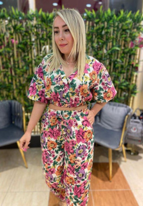 Çİçek Desenli Keten Crop Bluz