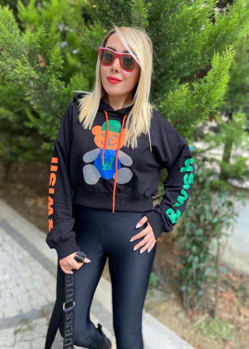 Kapüşonlu Crop Taşlı Sweatshirt