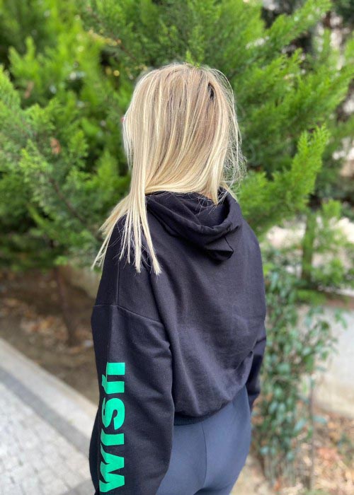 Kapüşonlu Crop Taşlı Sweatshirt