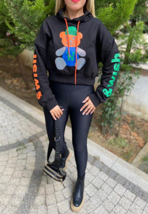 Kapüşonlu Crop Taşlı Sweatshirt