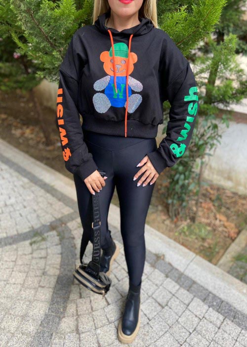 Kapüşonlu Crop Taşlı Sweatshirt