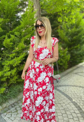 Fırfır Detaylı Maksi Kolsuz Elbise - Kırmızı