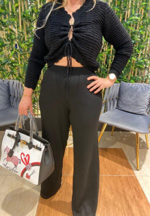 Siyah Crop Büzme Detay Hırka