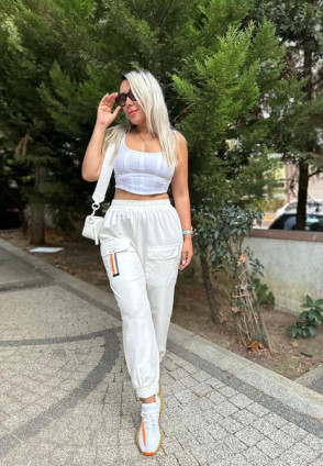 Turuncu Cep Detay Ekru Pantolon