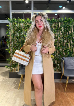 Yakası Kürklü Palto Camel